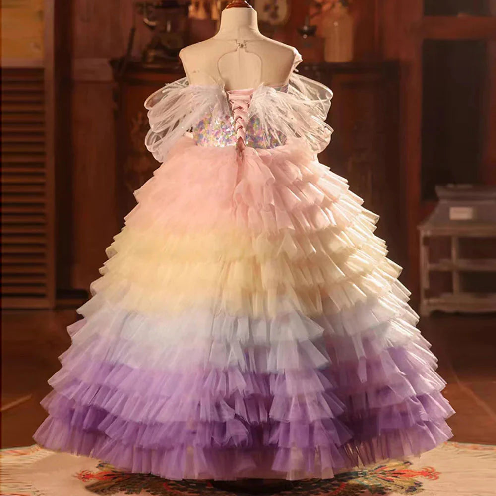 Luxury Arabic Colorful Girl Dress Feathers Baby Children Clothes J212