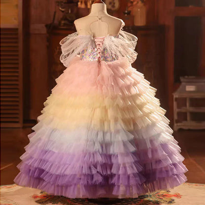 Luxury Arabic Colorful Girl Dress Feathers Baby Children Clothes J212