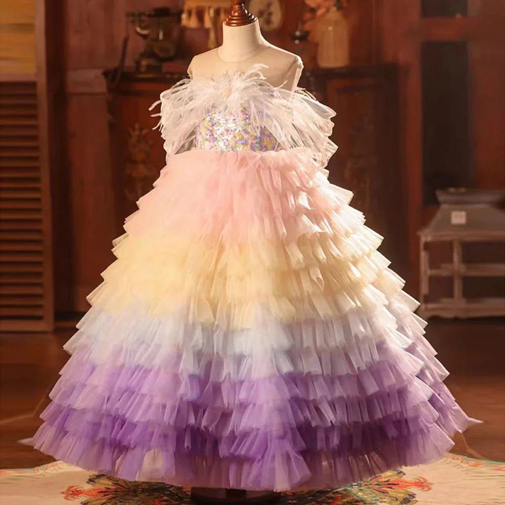 Luxury Arabic Colorful Girl Dress Feathers Baby Children Clothes J212