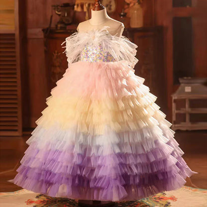 Luxury Arabic Colorful Girl Dress Feathers Baby Children Clothes J212