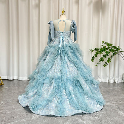 Luxury Arabic Flower Girl Dress Dubai Blue Princess Gown J020