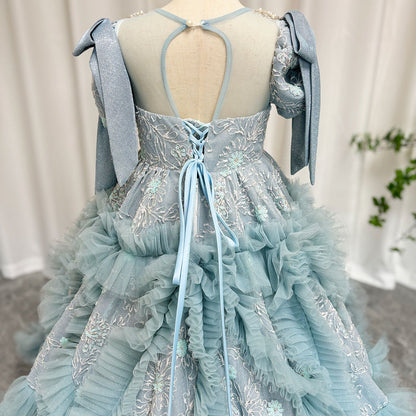 Luxury Arabic Flower Girl Dress Dubai Blue Princess Gown J020