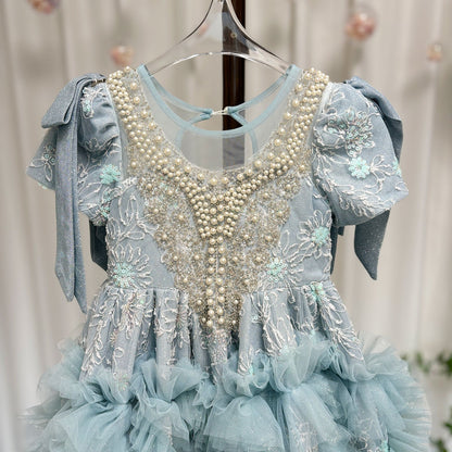 Luxury Arabic Flower Girl Dress Dubai Blue Princess Gown J020
