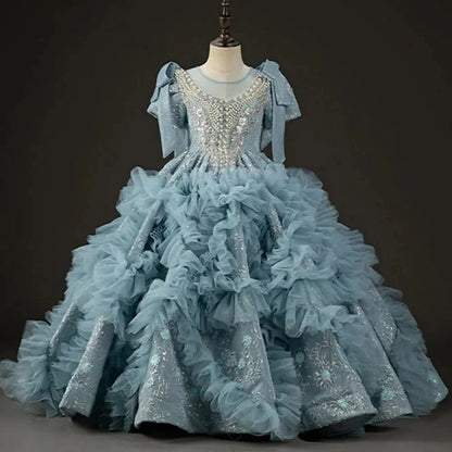 Luxury Arabic Flower Girl Dress Dubai Blue Princess Gown J020