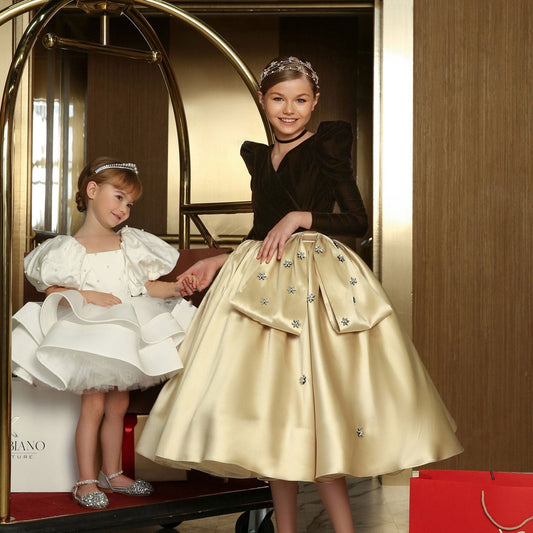 Luxury Green Girl Dress Crystal V-Neck Dubai Kids Princess J367