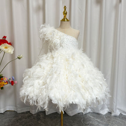 Luxury Arabic White Girl Dress Feathers Princess J394