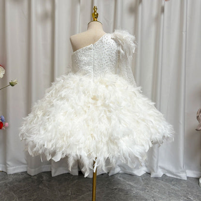 Luxury Arabic White Girl Dress Feathers Princess J394