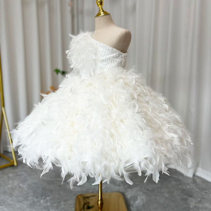 Luxury Arabic White Girl Dress Feathers Princess J394