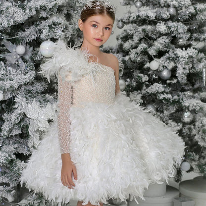 Luxury Arabic White Girl Dress Feathers Princess J394