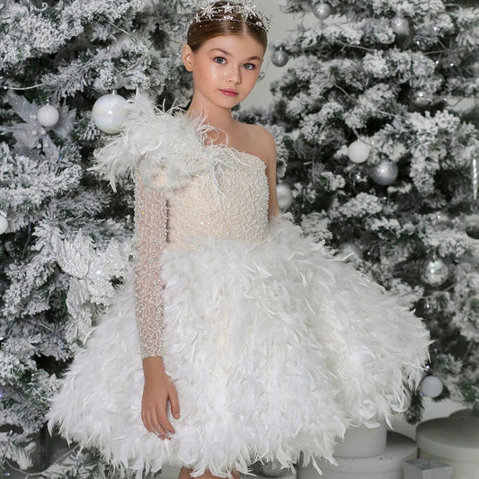 Luxury Arabic White Girl Dress Feathers Princess J394