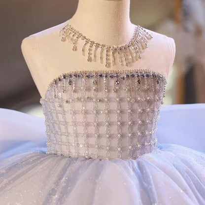 Luxury BLue Dubai Girl Dress Beaded Bow for Birthday Party J135