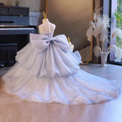 Luxury BLue Dubai Girl Dress Beaded Bow for Birthday Party J135