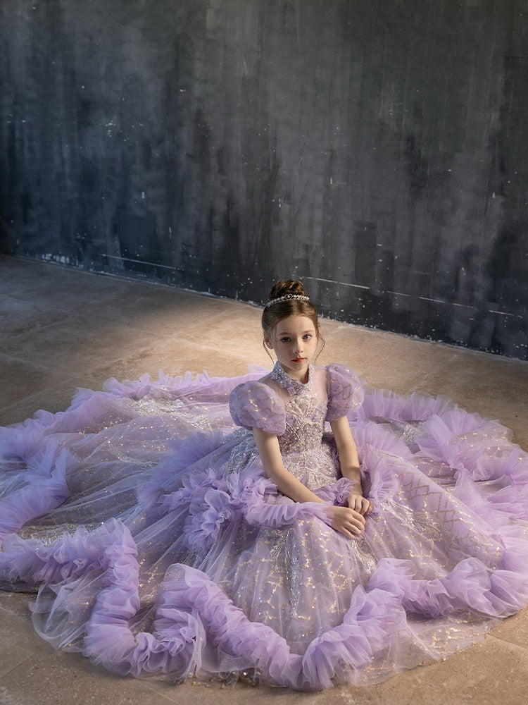 Luxury Beaded Lilac Girl Dress Arabic Ball Gown J184