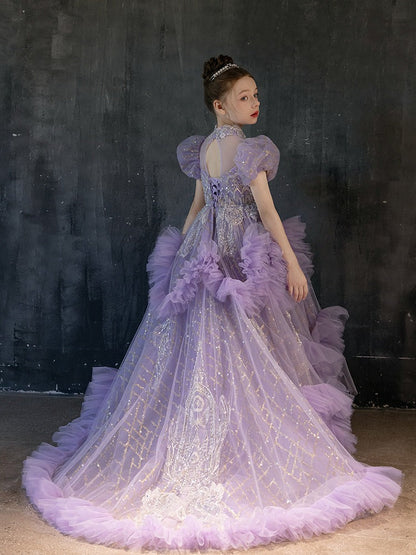Luxury Beaded Lilac Girl Dress Arabic Ball Gown J184