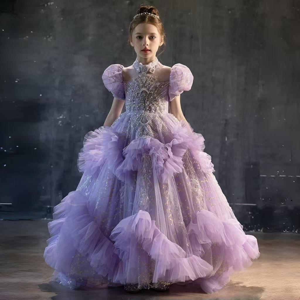 Luxury Beaded Lilac Girl Dress Arabic Ball Gown J184