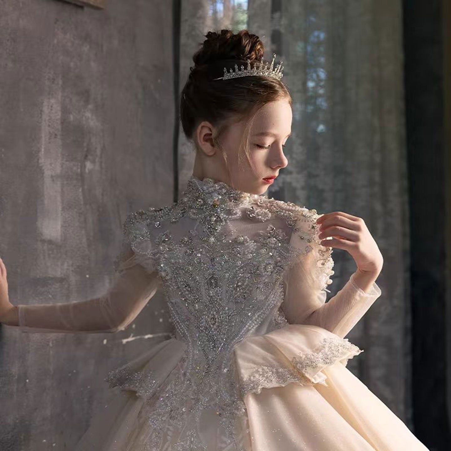 Luxury Beads Ivory Arabic Birthday Party Girl Dress J122