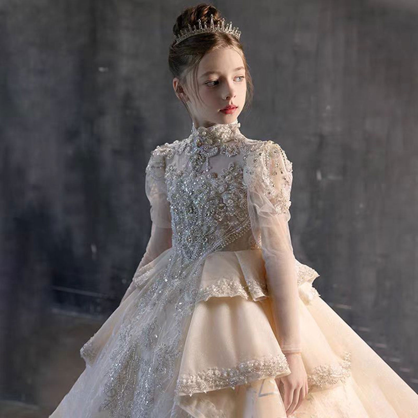 Luxury Beads Ivory Arabic Birthday Party Girl Dress J122