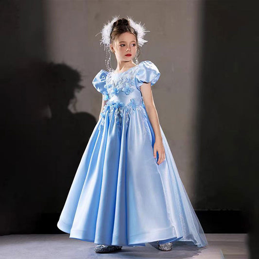 Luxury Blue 3D Flowers Arabic Satin Beaded Girl Dress J209