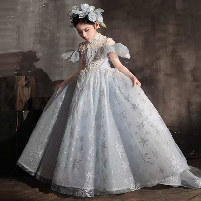 Luxury Blue Beaded Birthday Girl Dress Puffy Sleeve J319