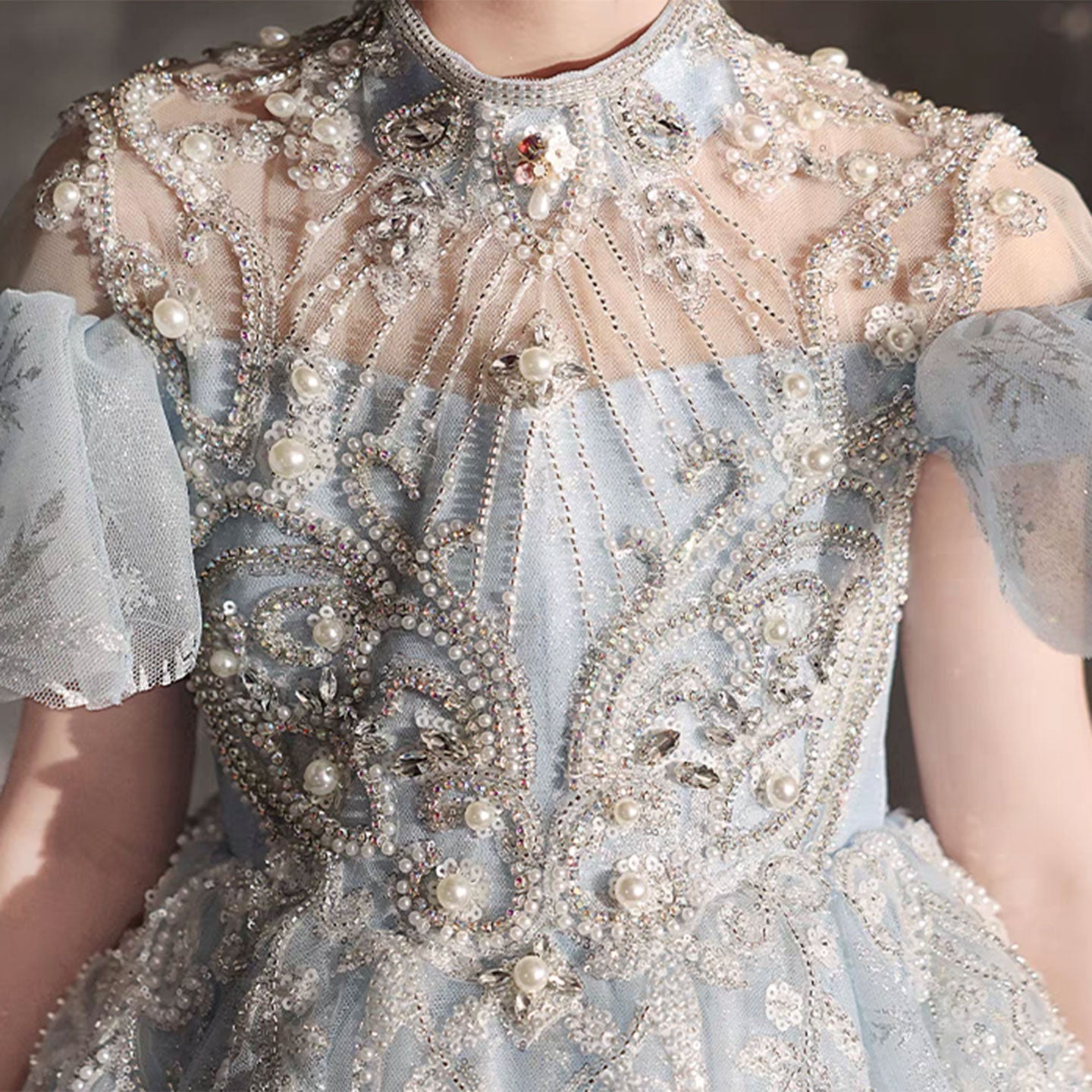 Luxury Blue Beaded Birthday Girl Dress Puffy Sleeve J319