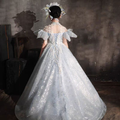 Luxury Blue Beaded Birthday Girl Dress Puffy Sleeve J319