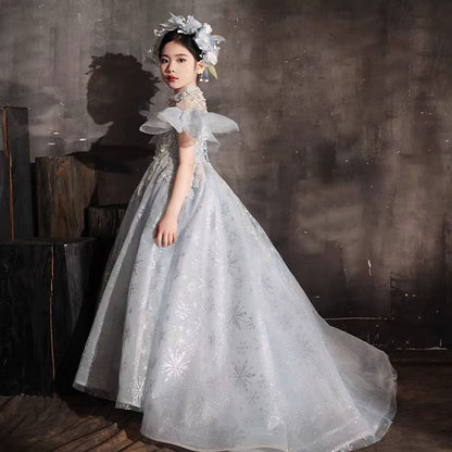 Luxury Blue Beaded Birthday Girl Dress Puffy Sleeve J319