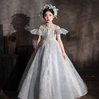 Luxury Blue Beaded Birthday Girl Dress Puffy Sleeve J319