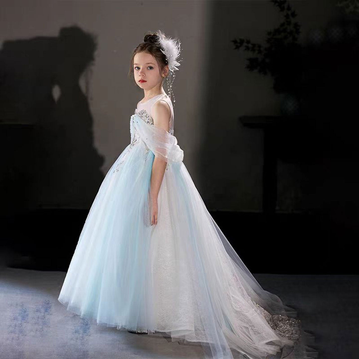 Luxury Blue Beaded Off Shoulder A-Line Girl Dress J126