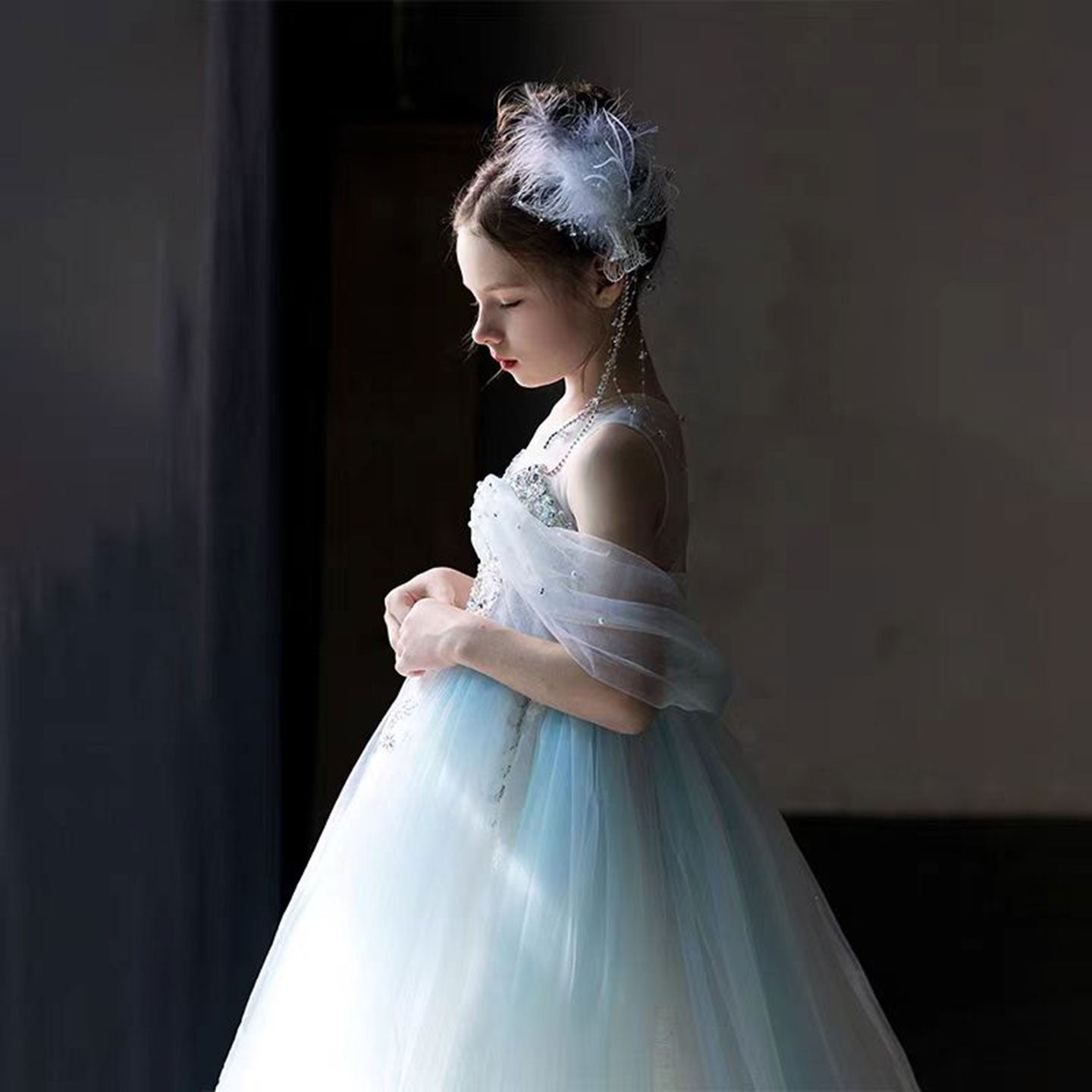 Luxury Blue Beaded Off Shoulder A-Line Girl Dress J126