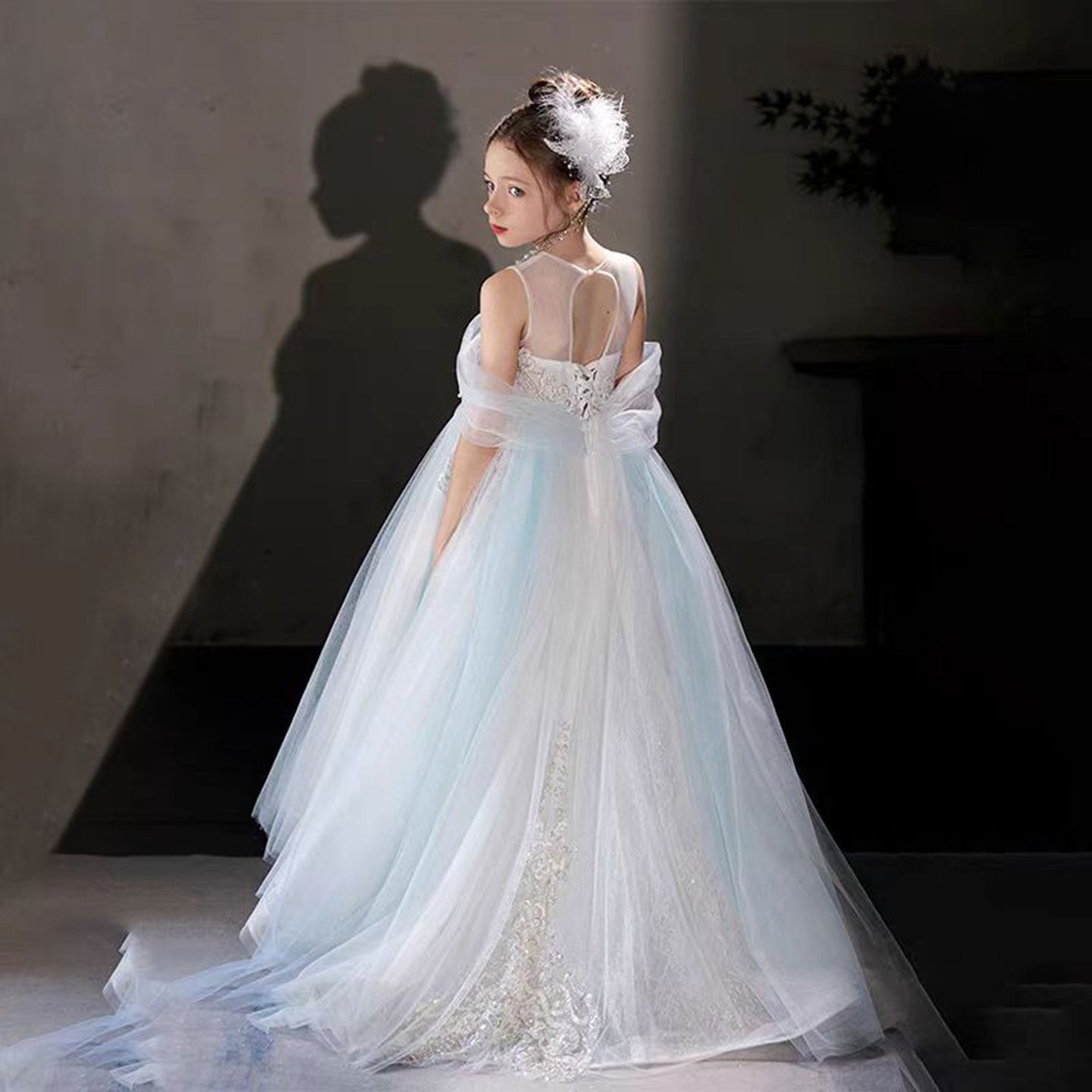 Luxury Blue Beaded Off Shoulder A-Line Girl Dress J126