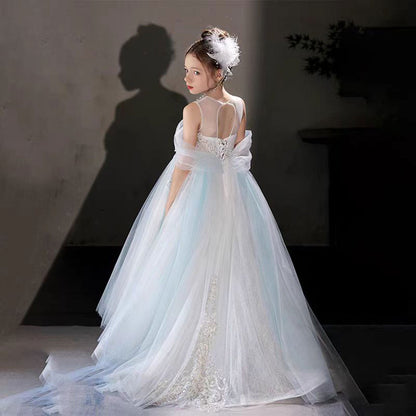 Luxury Blue Beaded Off Shoulder A-Line Girl Dress J126