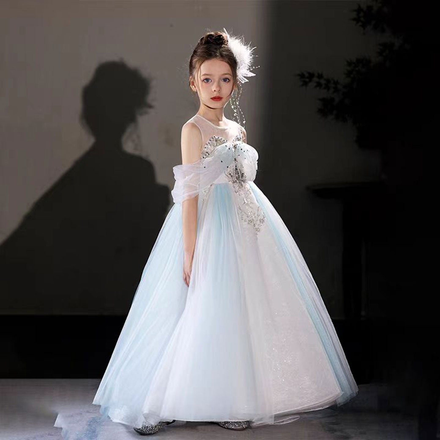 Luxury Blue Beaded Off Shoulder A-Line Girl Dress J126