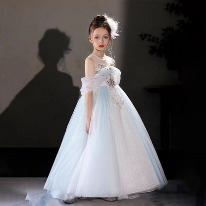 Luxury Blue Beaded Off Shoulder A-Line Girl Dress J126