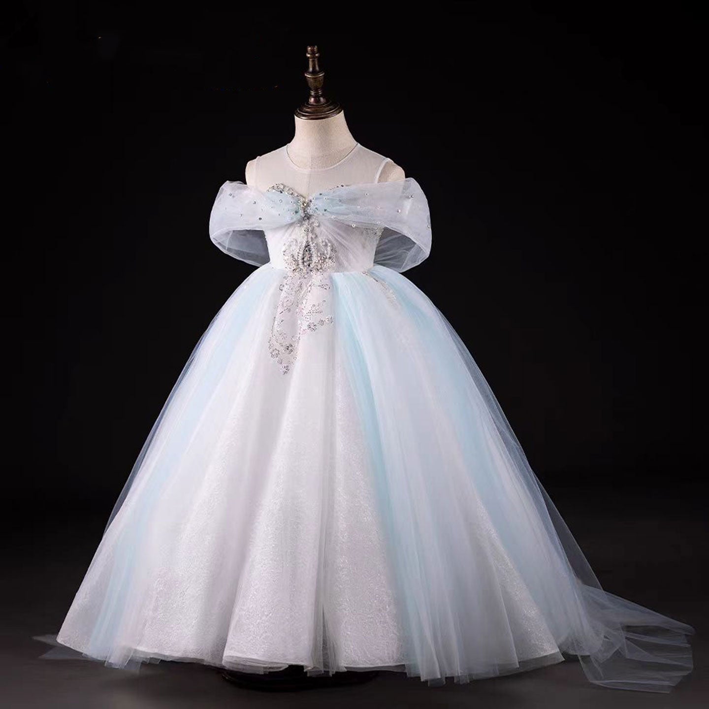 Luxury Blue Beaded Off Shoulder A-Line Girl Dress J126