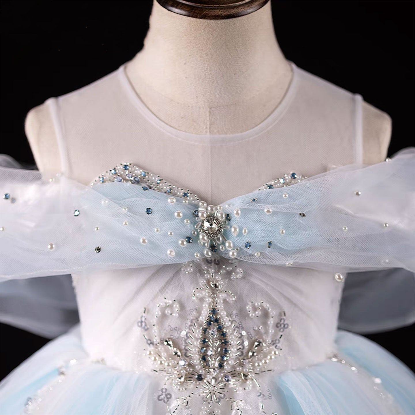 Luxury Blue Beaded Off Shoulder A-Line Girl Dress J126