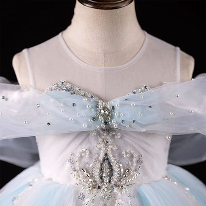 Luxury Blue Beaded Off Shoulder A-Line Girl Dress J126