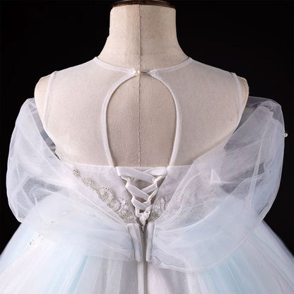 Luxury Blue Beaded Off Shoulder A-Line Girl Dress J126