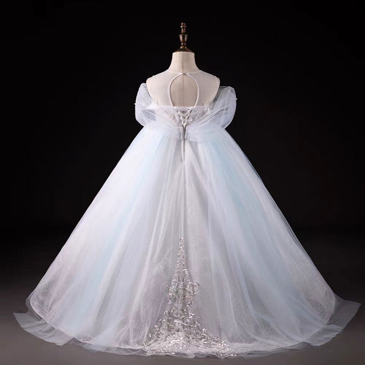 Luxury Blue Beaded Off Shoulder A-Line Girl Dress J126