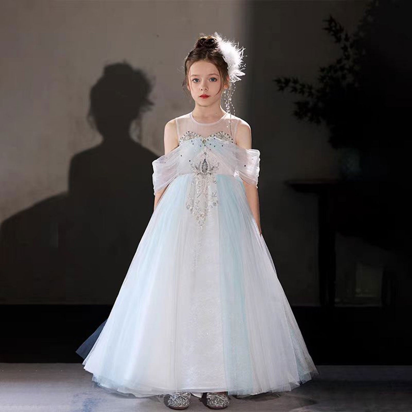 Luxury Blue Beaded Off Shoulder A-Line Girl Dress J126