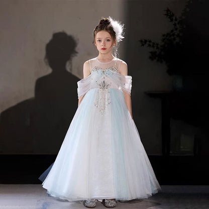Luxury Blue Beaded Off Shoulder A-Line Girl Dress J126