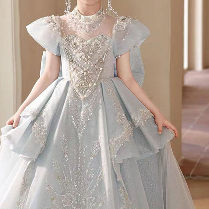 Luxury Blue Crystal Princess Party Girl Dress with Bow J333