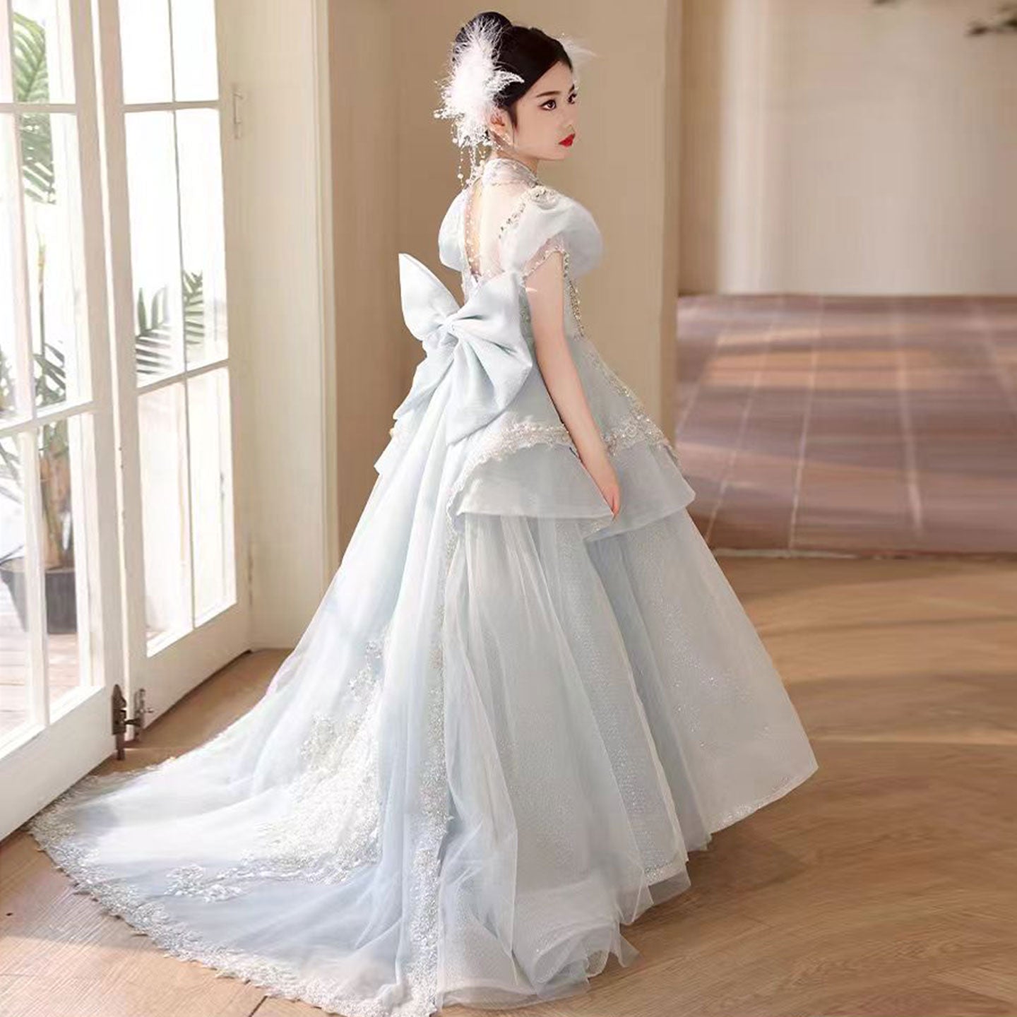 Luxury Blue Crystal Princess Party Girl Dress with Bow J333