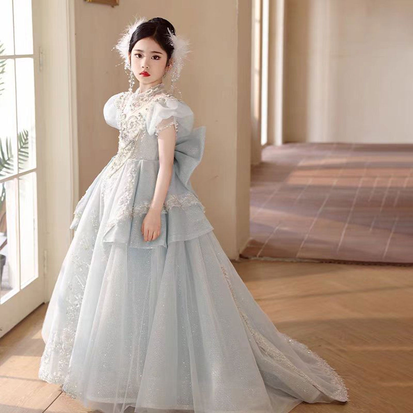 Luxury Blue Crystal Princess Party Girl Dress with Bow J333