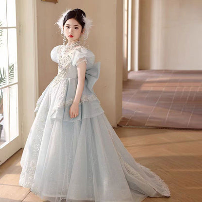 Luxury Blue Crystal Princess Party Girl Dress with Bow J333