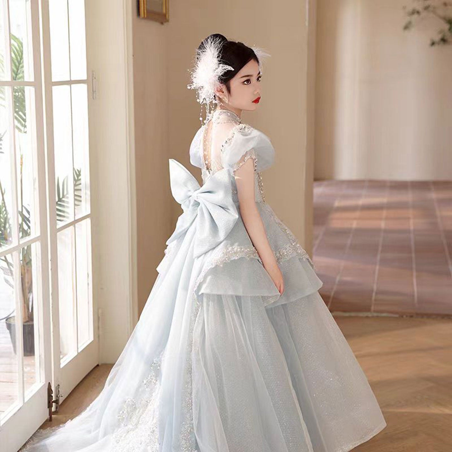 Luxury Blue Crystal Princess Party Girl Dress with Bow J333