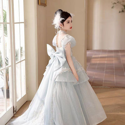 Luxury Blue Crystal Princess Party Girl Dress with Bow J333