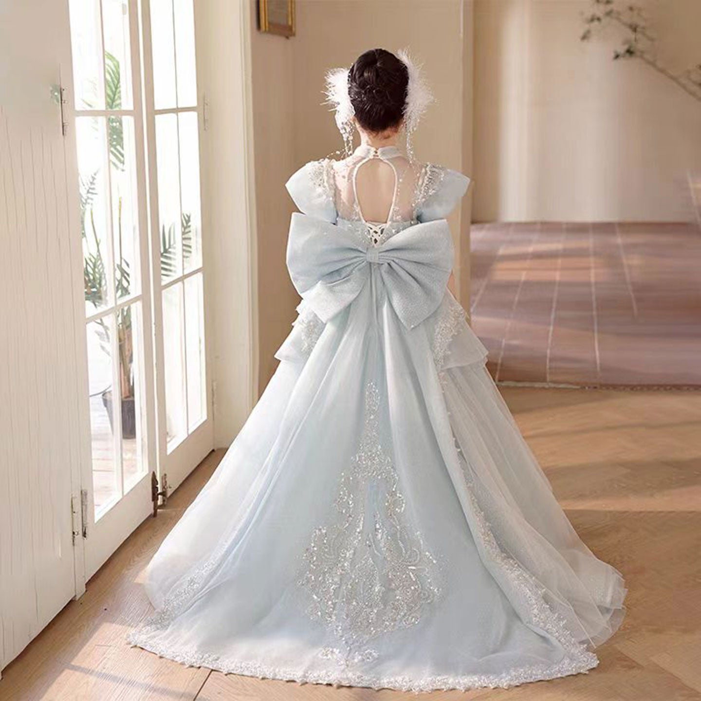 Luxury Blue Crystal Princess Party Girl Dress with Bow J333