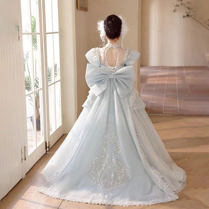 Luxury Blue Crystal Princess Party Girl Dress with Bow J333