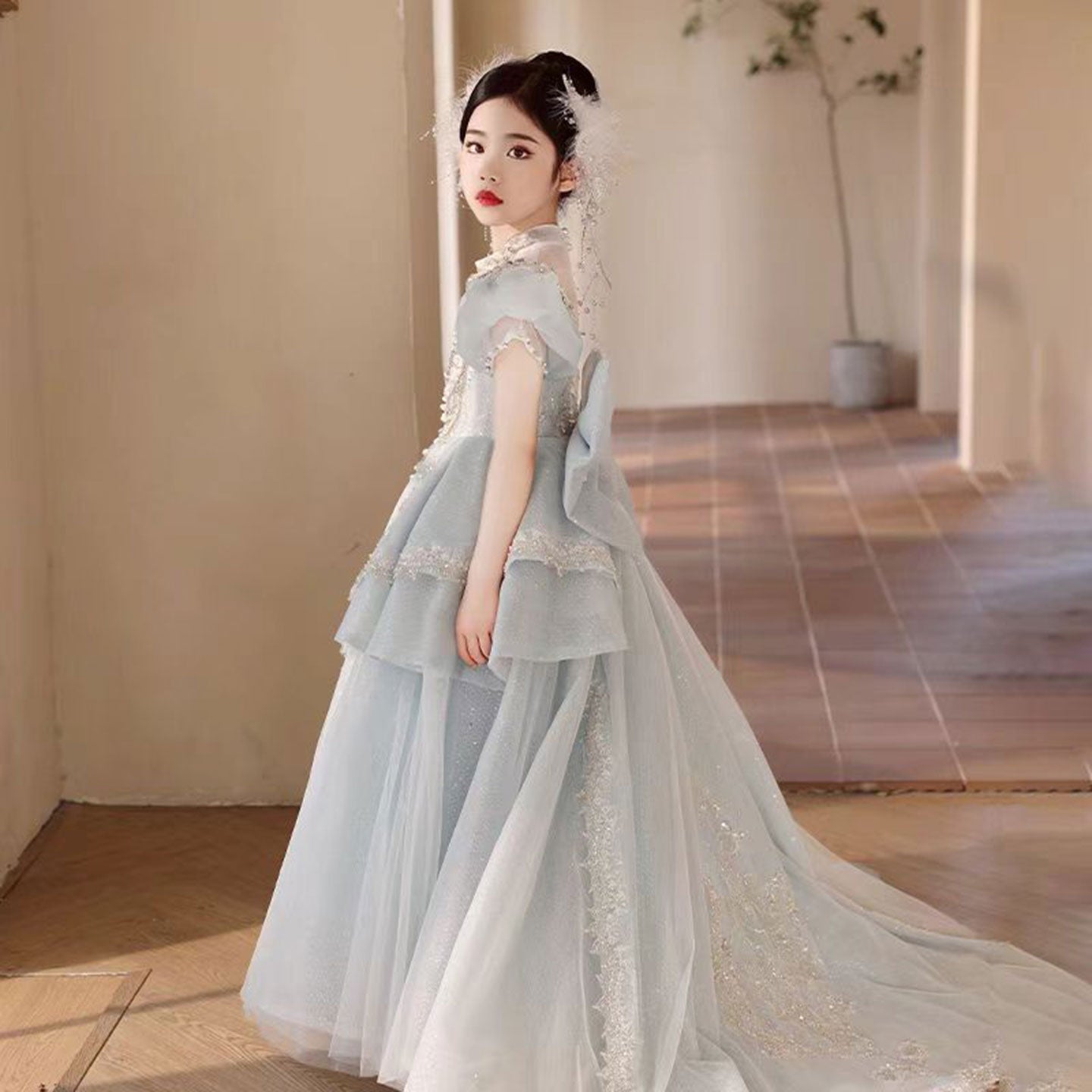 Luxury Blue Crystal Princess Party Girl Dress with Bow J333