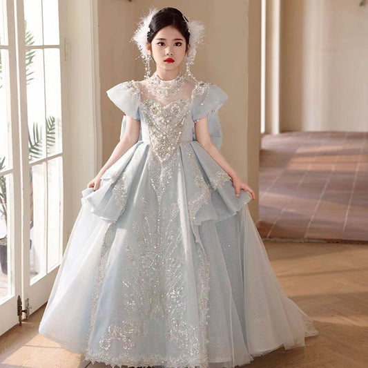 Luxury Blue Crystal Princess Party Girl Dress with Bow J333